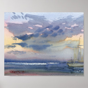 Sailboat and Glowing Evening Sky Watercolor Poster
