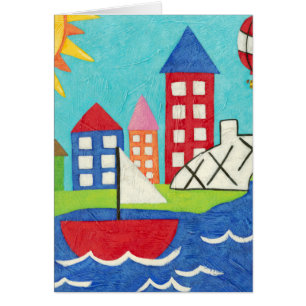 Sailboat and Hot Air Balloon with Cityscape