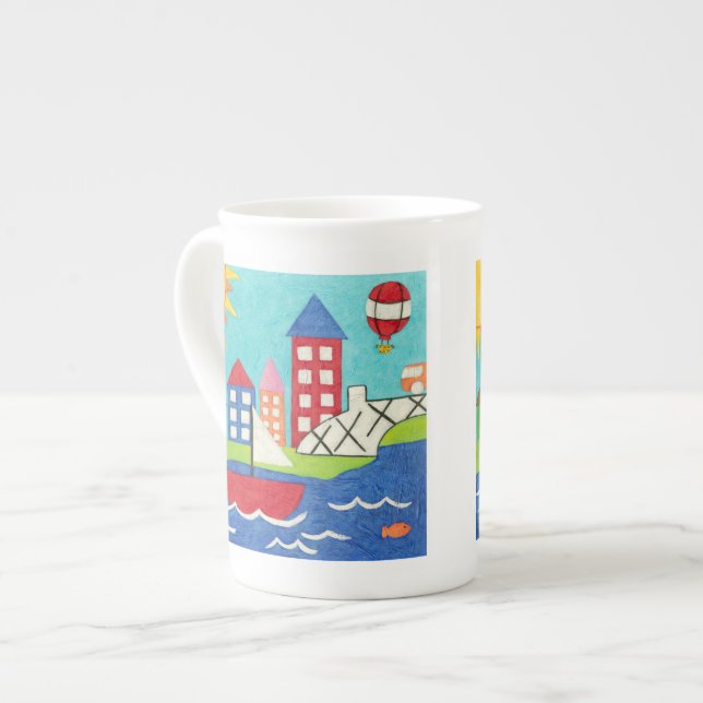 Sailboat and Hot Air Balloon with Cityscape Bone China Mug (Front Left)