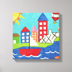 Sailboat and Hot Air Balloon with Cityscape Canvas Print