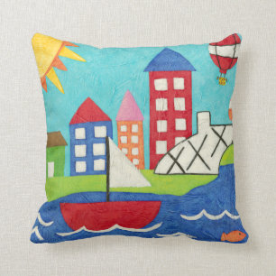 Sailboat and Hot Air Balloon with Cityscape Cushion