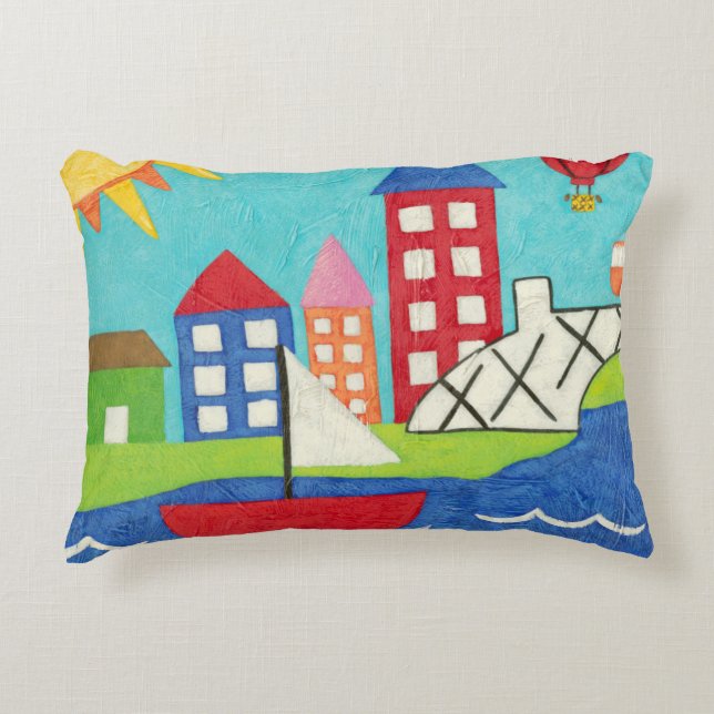 Sailboat and Hot Air Balloon with Cityscape Decorative Cushion (Front)