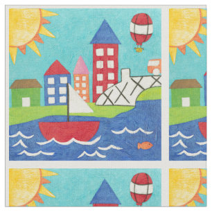 Sailboat and Hot Air Balloon with Cityscape Fabric