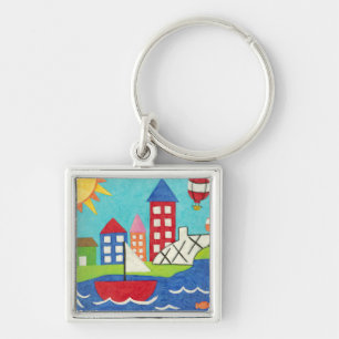 Sailboat and Hot Air Balloon with Cityscape Key Ring