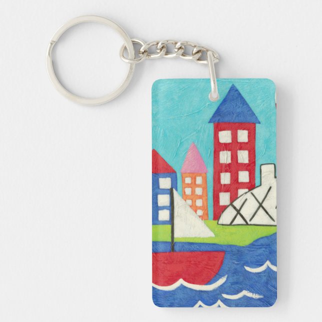 Sailboat and Hot Air Balloon with Cityscape Key Ring (Front)