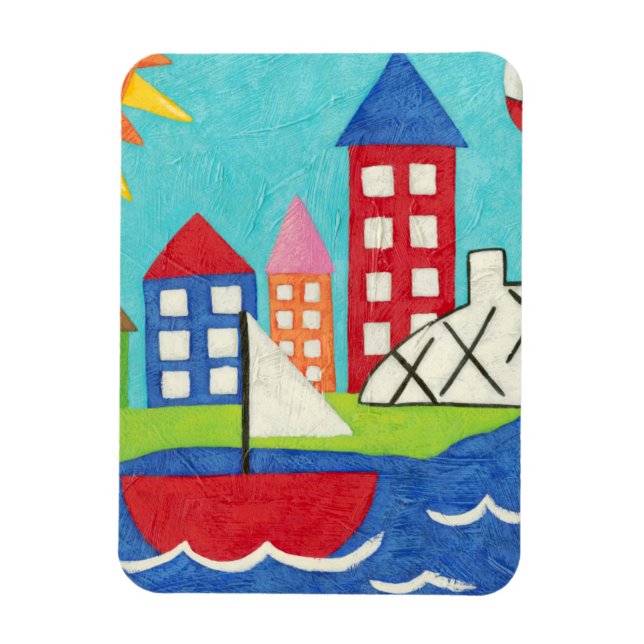 Sailboat and Hot Air Balloon with Cityscape Magnet (Vertical)