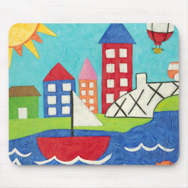 Sailboat and Hot Air Balloon with Cityscape Mouse Mat (Front)