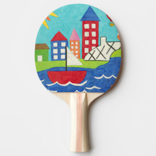 Sailboat and Hot Air Balloon with Cityscape Ping Pong Paddle