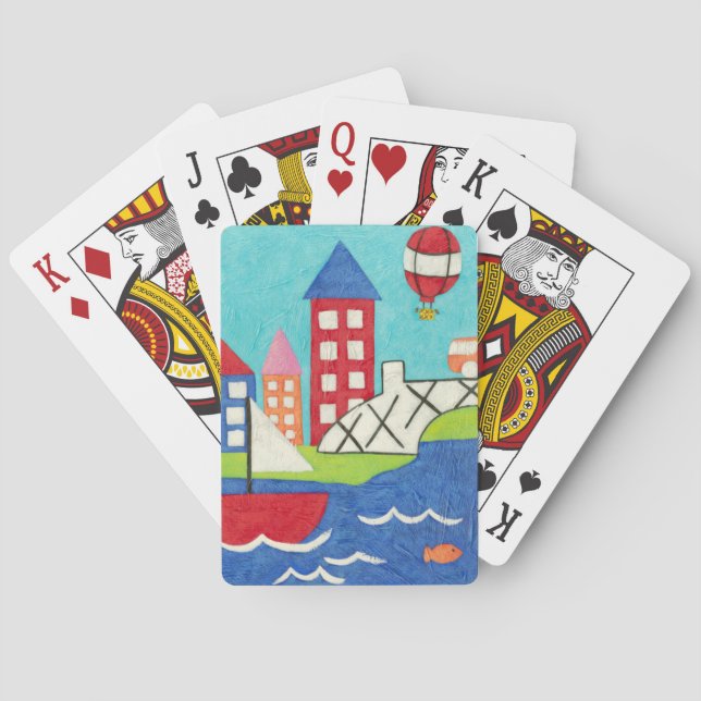 Sailboat and Hot Air Balloon with Cityscape Playing Cards (Back)