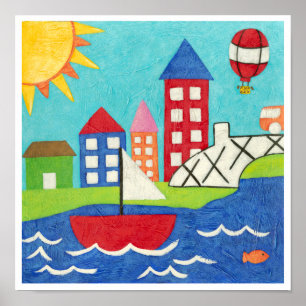 Sailboat and Hot Air Balloon with Cityscape Poster