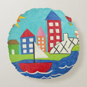 Sailboat and Hot Air Balloon with Cityscape Round Cushion