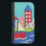 Sailboat and Hot Air Balloon with Cityscape Samsung S4 Wallet Case<br><div class="desc">A cityscape serves as the background for a sailboat and a hot air balloon. A bright sun shines down on the scene,  and a cute fish swims under the water. Purchase this peaceful print today!</div>