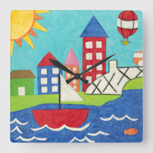 Sailboat and Hot Air Balloon with Cityscape Square Wall Clock