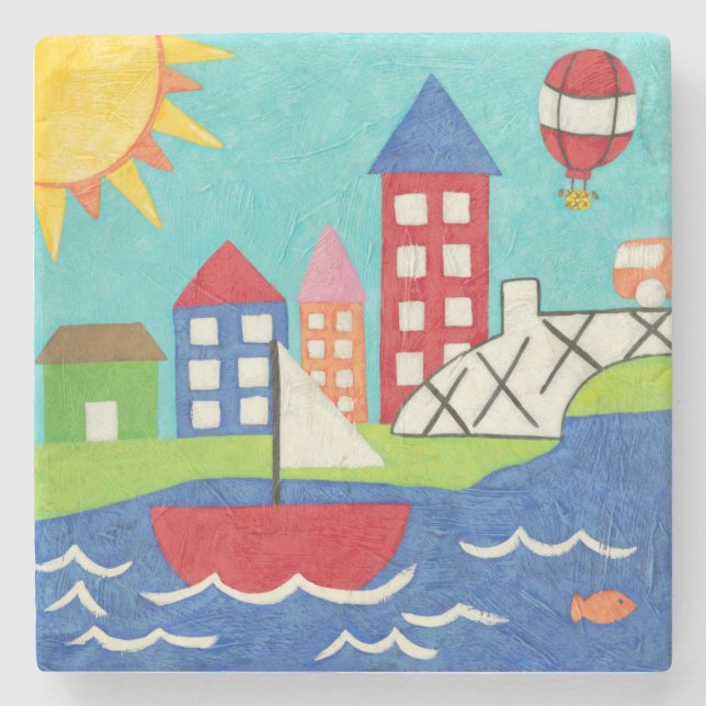 Sailboat and Hot Air Balloon with Cityscape Stone Coaster (Front)