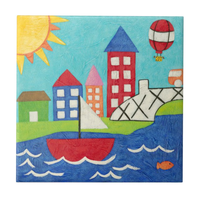 Sailboat and Hot Air Balloon with Cityscape Tile (Front)