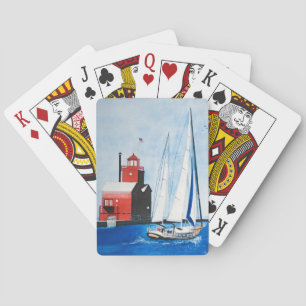 sailboat and Michigan lighthouse painting Playing Cards