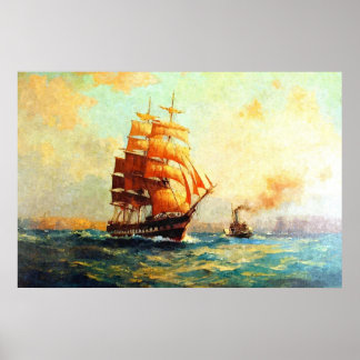 Sailboat and ocean steamers poster
