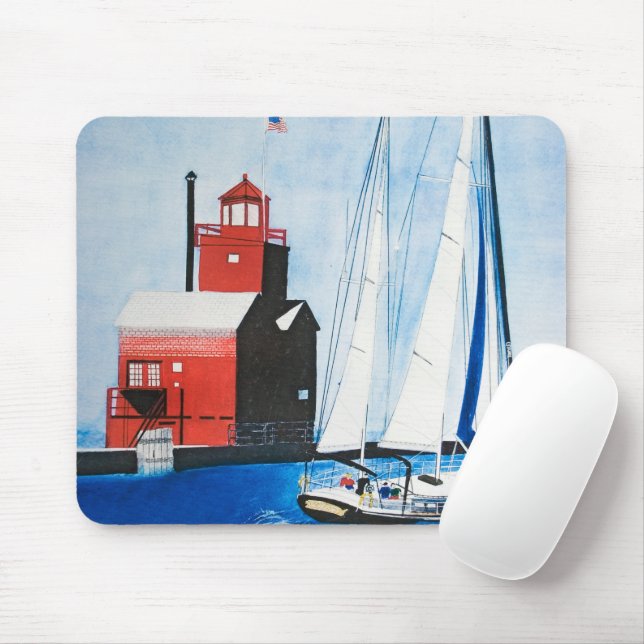 Sailboat and Red Lighthouse Watercolor Mouse Mat (With Mouse)