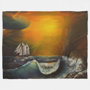 Sailboat and Sunset At The Rocky Shore Fleece Blanket