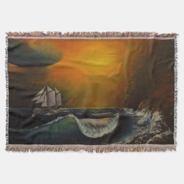 Sailboat and Sunset At The Rocky Shore Throw Blanket (Front)