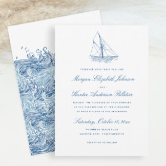 Sailboat and Waves Elegant Navy Blue Wedding Invitation