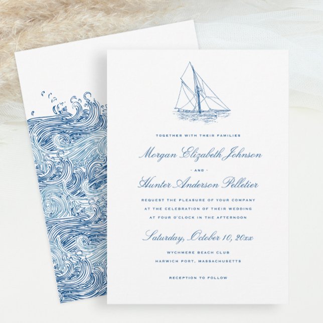 Sailboat and Waves Elegant Navy Blue Wedding Invitation (Sailboat and Waves Wedding Invitation for an Elegant Navy Blue Yacht Club or Schooner Wedding)