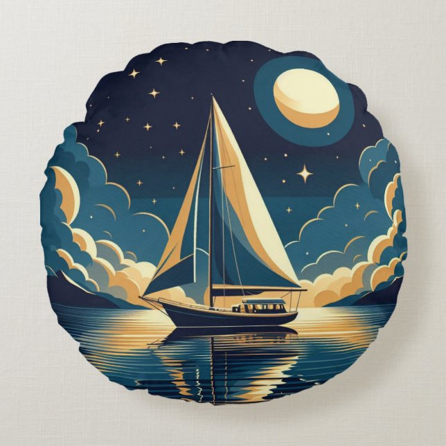 Sailboat at night round cushion (Front)
