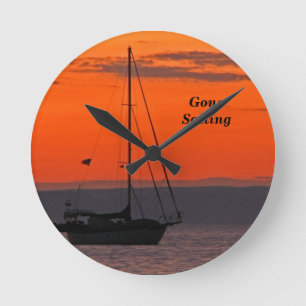 Sailboat at Orange Sunset, Small Round Clock