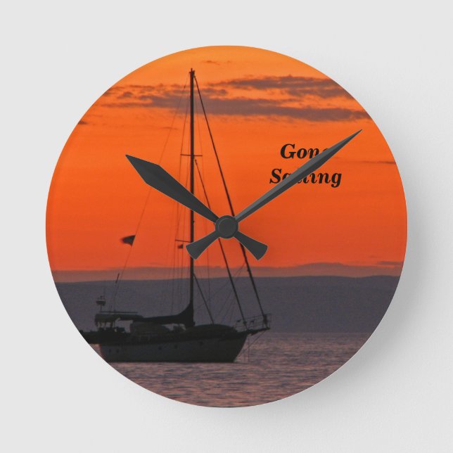 Sailboat at Orange Sunset, Small Round Clock (Front)
