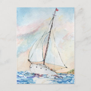 Sailboat at Sea Fine Art Watercolor Painting Postcard