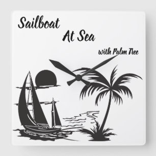Sailboat at Sea with Palm Tree – Tropical Beach Square Wall Clock