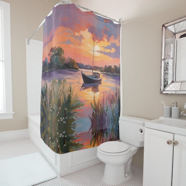 Sailboat at Sunrise Shower Curtain (In Situ)