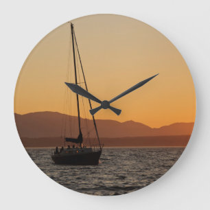 Sailboat At Sunset On The Puget Sound Large Clock