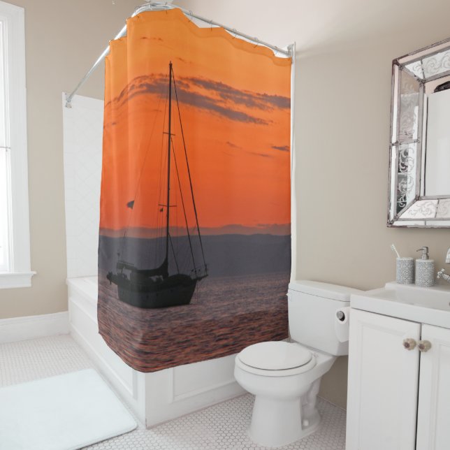 Sailboat at Sunset Orange Sky Shower Curtain (In Situ)