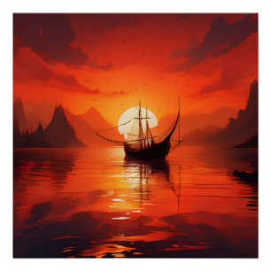 Sailboat at Sunset – Red Ocean Serenity Art Poster