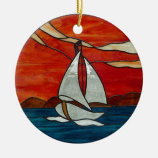 Sailboat at Sunset Stained Glass Art Design Ceramic Tree Decoration
