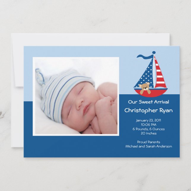 SAILBOAT Baby Boy Photo Announcement (Front)