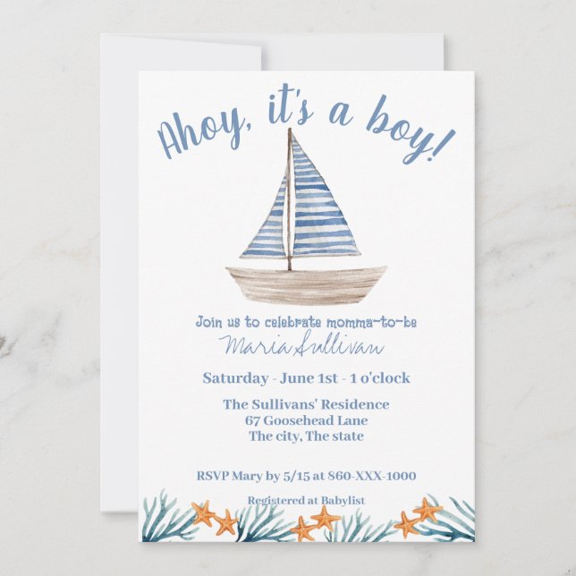 SAILBOAT Baby BOY Shower Invitation (Front)