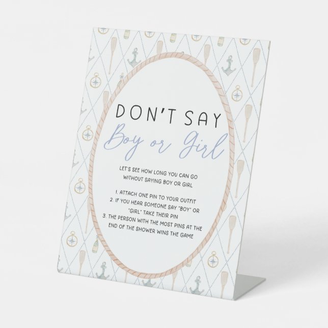 Sailboat Baby Shower Games - Don't Say Boy or Girl Pedestal Sign (Front)