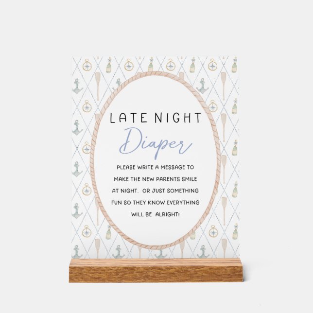 Sailboat Baby Shower Games - Late Night Diaper Acrylic Sign (Front)