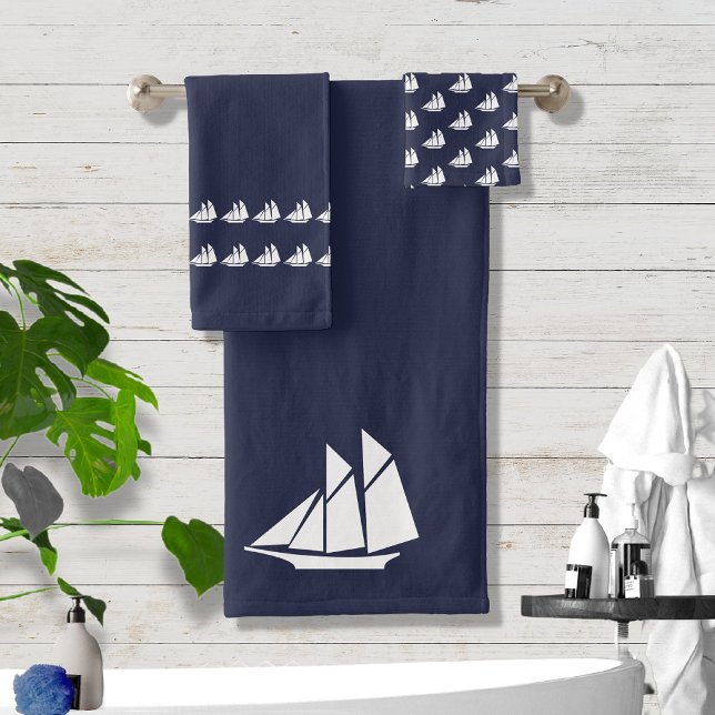Sailboat Bathroom Ocean Blue & white Bath Towel Set (Creator Uploaded)