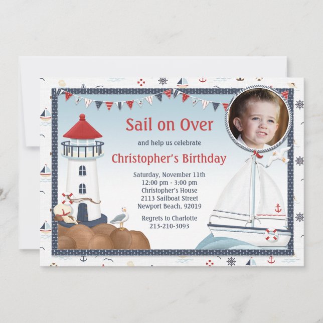 Sailboat Birthday Party Invitation with Photo (Front)