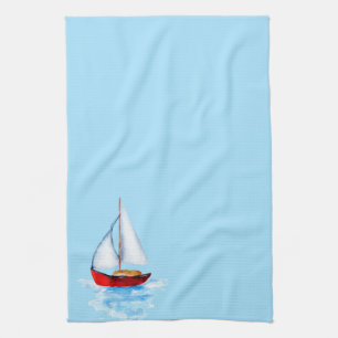 Sailboat blue coastal water tea towel