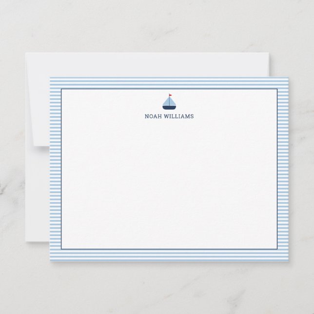 Sailboat Blue Stripes Personalised Stationery Card (Front)