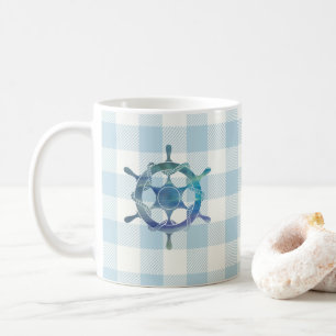 Sailboat Blue Tiller Gingham Check Pattern Coffee Mug