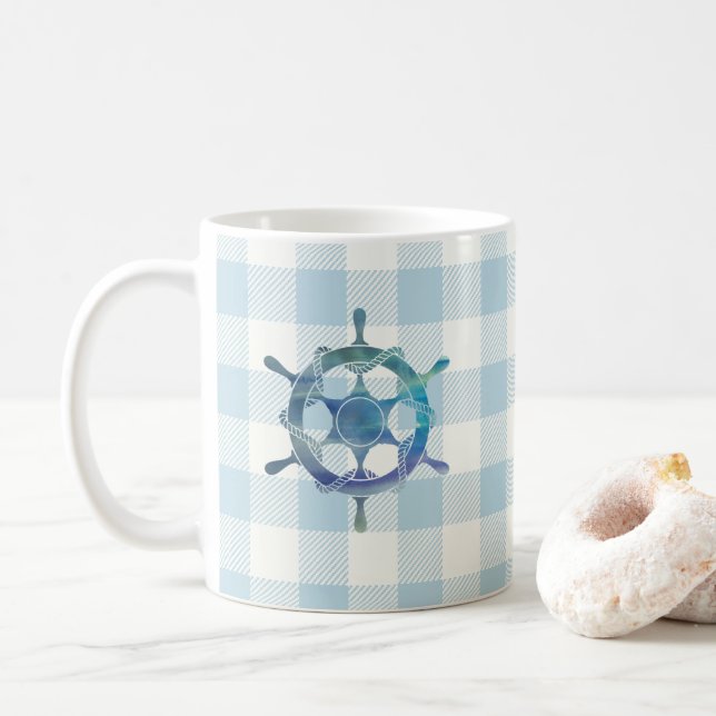 Sailboat Blue Tiller Gingham Check Pattern Coffee Mug (With Donut)