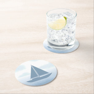 Sailboat Blue Watercolor Boy Baby Shower Round Paper Coaster