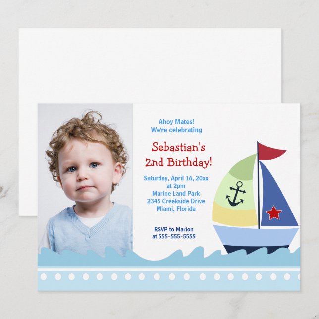 Sailboat Boys Photo Birthday Invitation Template (Front/Back)