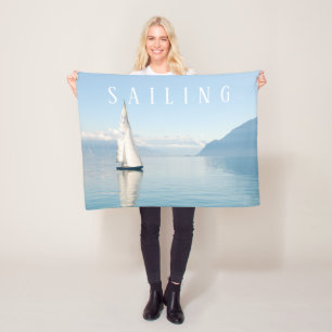 Sailboat Calm Blue Lake & Blue Sky, White Text Fleece Blanket