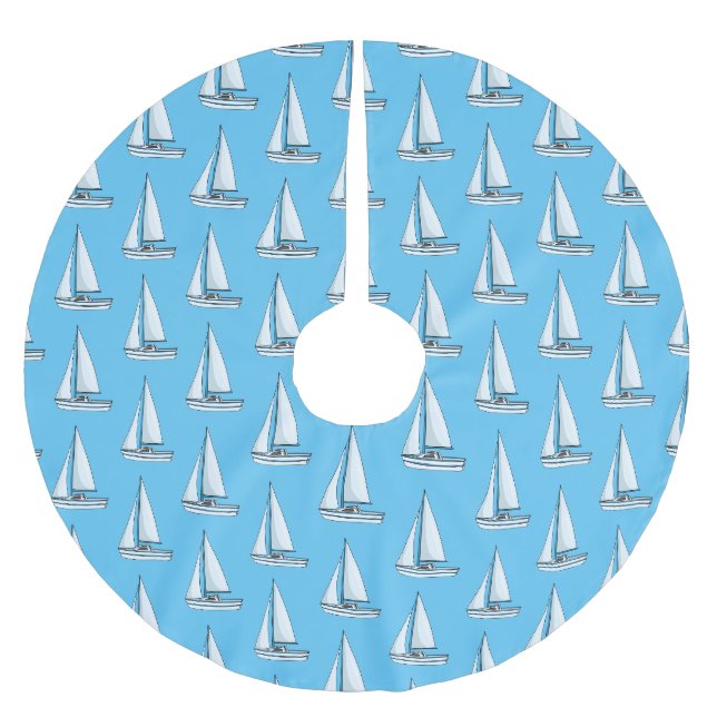 Sailboat cartoon illustration brushed polyester tree skirt (Front)